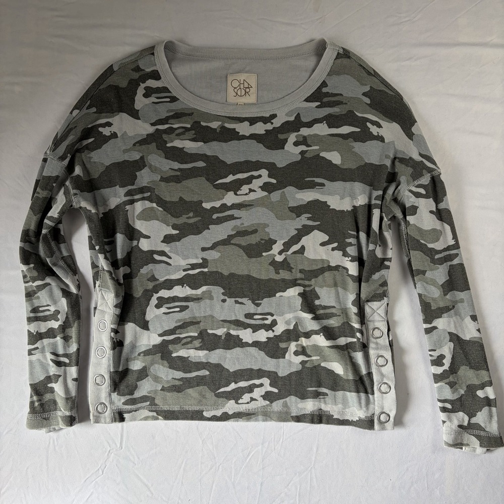 Chaser Camo Pullover Sweatshirt Snap Button Details XS Gray Cotton Blend Casual‎